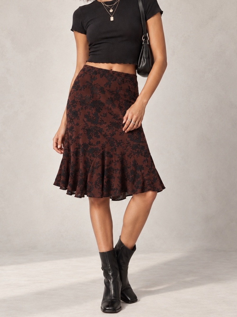 Vintage Y2K JKLA California Brown Black Flocked Floral Mermaid Skirt Made USA M